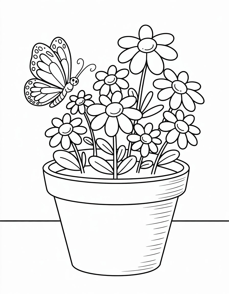 Potted Daisies with Butterfly